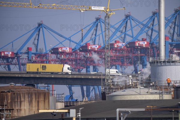 Ramp of the Köhlbrand Bridge in the Port of Hamburg, behind the Container Terminal Tollerort, spans