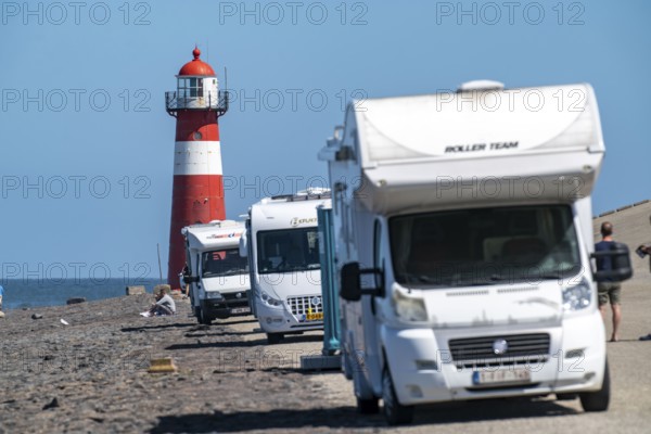 North Sea dyke near Westkapelle, Westkapelle Laag lighthouse, motorhome parking on the dyke, day