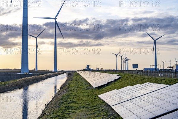 Solar park on the Slaperdijk dyke near the Eemshaven, test project, 17, 000 solar modules were