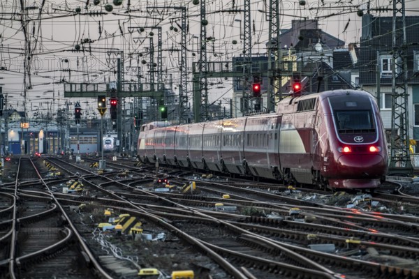 Eurostar train on its way to Brussels, Cologne Central Station, tracks on the west side, overhead