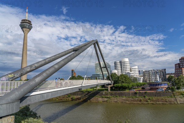 Pedestrian bridge over the Media Harbour, harbour entrance, Rhine near Düsseldorf, Rhineland, North