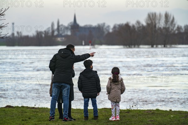 Flood on the Rhine, flooded banks of the Rhine, old ferry landing stage, Rhine meadows, near