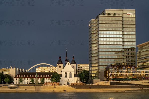 Kennedyufer in Cologne Deutz, on the Rhine, Old St Heribert Church, Lanxess Tower, administration