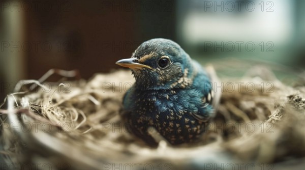 Cute newborn blue bird in nest, generative AI, AI generated