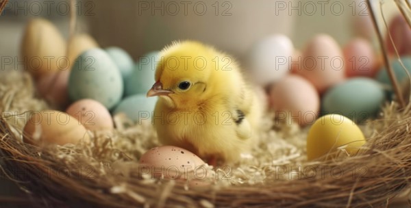 Cute newborn chick next to colorful easter eggs, generative AI, AI generated