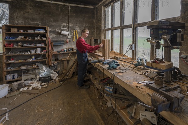 Young man builds a table in his workshop, Mecklenburg-Vorpommern, Germany, Europe