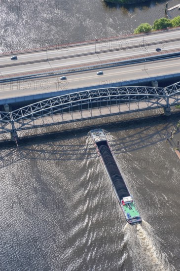 Barge under the Europabrücke and Alte Harburger Elbbrücke, Elbe, transport, coal, ore, aerial view,