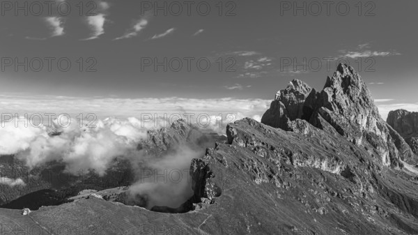 The peaks Sas Rigais and Furchetta of the Geisler group, W Drone image, black and white image, Val