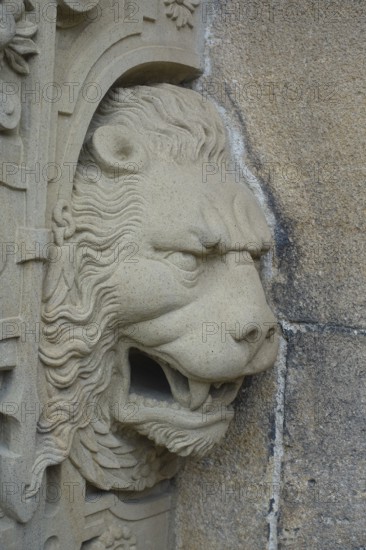 Lion's head at the gate portal, lower castle gate, stone figure, restored sculpture, relief,