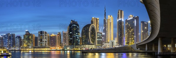 Dubai Burj Khalifa skyline tallest building in the world downtown at night panorama in Dubai,