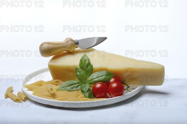 A piece of Parmesan cheese with cheese knife, pasta and tomatoes, Italy, Europe