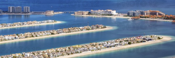 Luxury villas properties on The Palm Jumeirah man-made island with beach panorama in Dubai, United