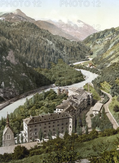 Lower Engadine, Tarasp, spa hotel and church, Graubuenden, Switzerland, Historical, digitally