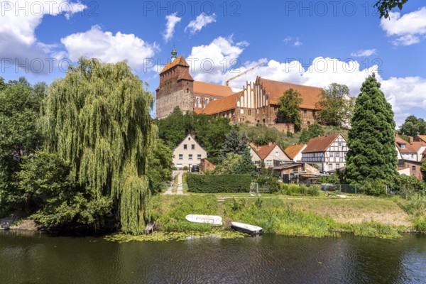 City moat and the Havelberg Cathedral of St Mary, Havelberg, Saxony-Anhalt, Germany, Europe