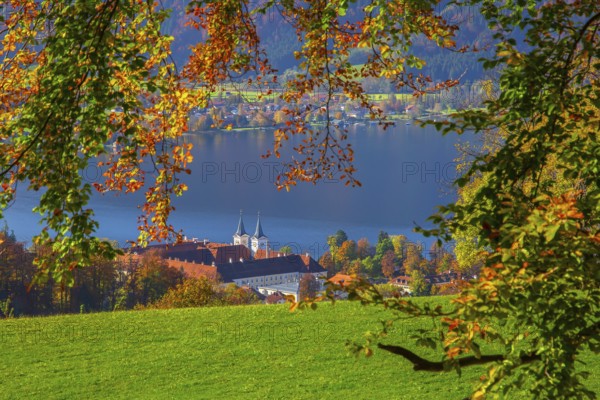 Panorama of the monastery castle above the lake in autumn, Tegernsee, Tegernsee, Tegernsee valley,