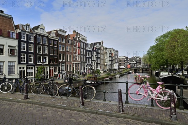 Pink bicycle decorated with flowers on a bridge by a canal, Amsterdam, Province of North Holland,