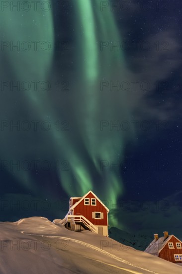Northern Lights, Aurora borealis over red house, Inuit settlement, Winter, Tasiilaq, East