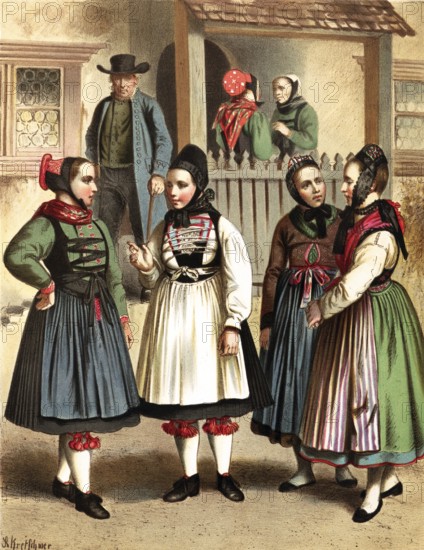Traditional costumes in Germany around 1820, Grand Duchy of Hesse, Biedenkopf, Four young woman in