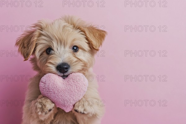 Cute dog holding plush heart in front of pink background with copy space. Generative Ai, AI