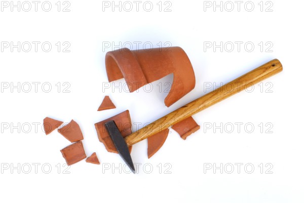 Broken pieces of clay pot, hammer, clay flower pot, cut-out, object