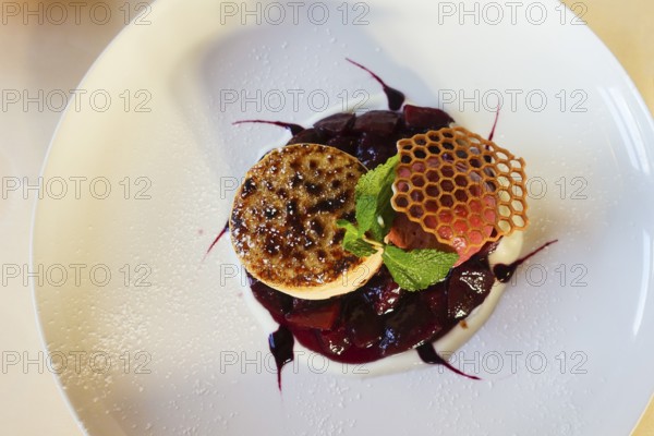 Upscale cuisine, French dessert, crème brûlée, plum compote, ice cream scoop, honeycomb pastry,