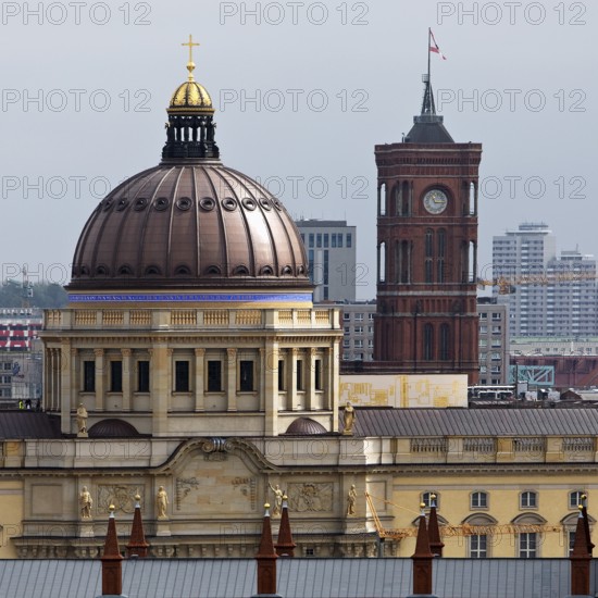 Humboldt Forum and Rotes Rathaus above the rooftops of the city, Berlin, Germany, Europe