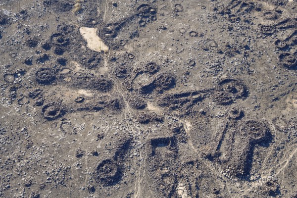 Neolithic stone ritual buildings, so-called mustatils, aerial view, near Khaybar, Medina province,