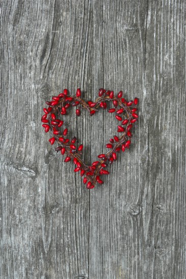 Heart-shaped rosehip wreath on wooden door
