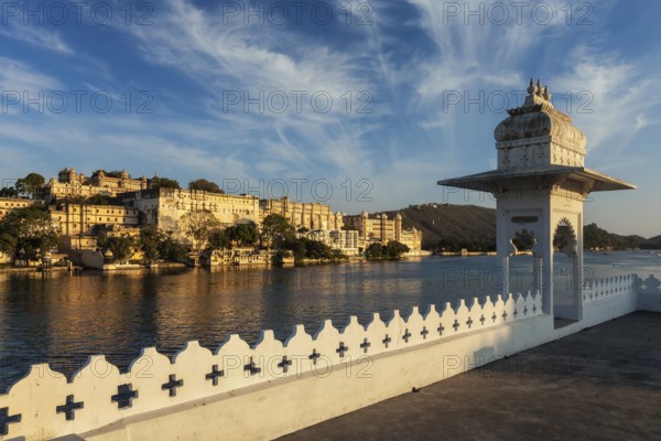 India luxury tourism concept background, Udaipur City Palace from Lake Pichola. Udaipur, Rajasthan,
