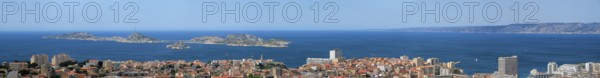 View of Marseille town and Chateau d'If castle famous historical fortress and prison on island in