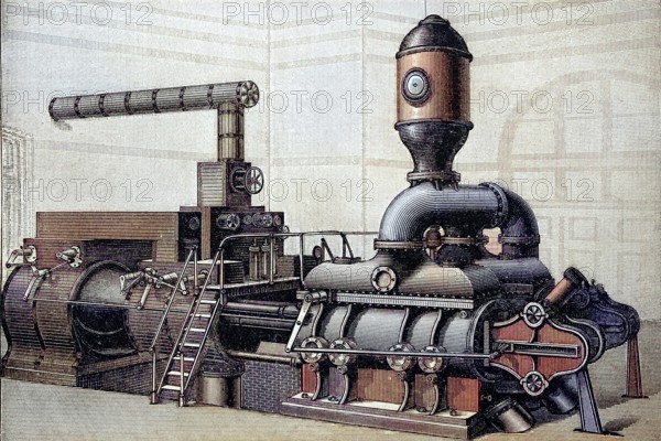 Waterworks pump from 1880, Historic, Reproduction of an original from the 19th century, digitally