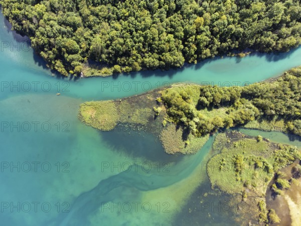 Top view of the river Klön, also called Chlü, flowing into the Klöntalersee, Klöntal, Canton