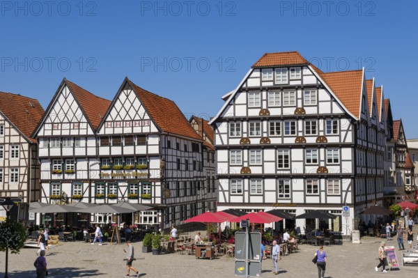 Im wilden Mann restaurant, half-timbered houses on the market square, old town, Soest, North