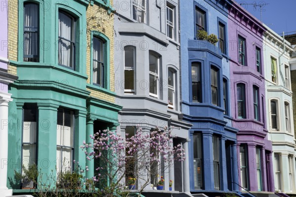 Colourful house facades on Lancaster Road, detail, Notting Hill, London, England, United Kingdom,