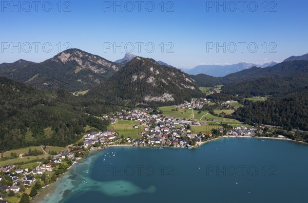 Drone shot, panorama shot, Fuschlsee, Fuschl am See, Alpine foothills, Salzkammergut, Land