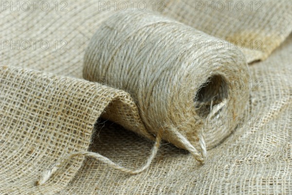 Roll of jute twine and jute fabric, jute thread, jute fibre, bast fibre, natural fibre, yarn, cord,