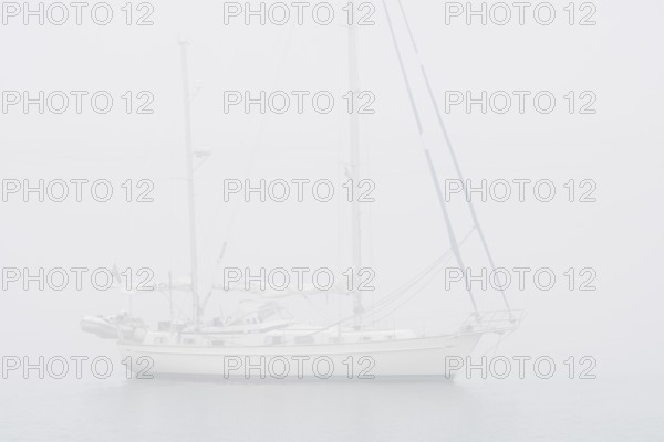 Sailboat, sailing boat, yacht with lowered sails anchored at sea during bad visibility due to thick