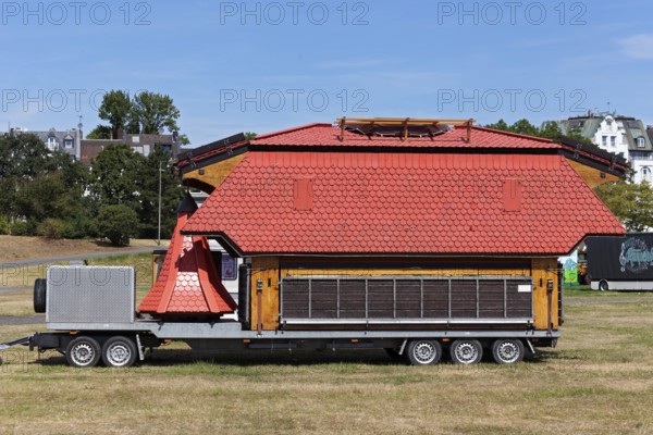 Truck trailer, loaded with the roof of a funfair stand, Rheinkirmes superstructure, Düsseldorf,