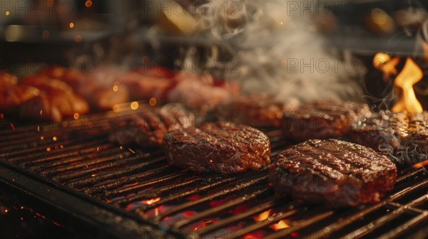 Several hamburgers sizzling on the BBQ. generative AI, AI generated