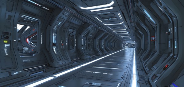 Three dimensional render of futuristic corridor inside a spaceship or space station, AI generated