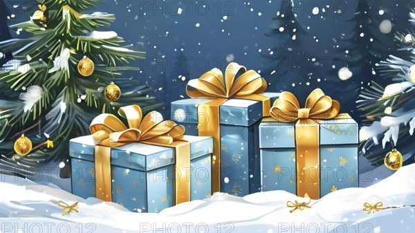 Abstract illustration of wrapped Christmas gifts, shiny ribbons and bows, stacked under a