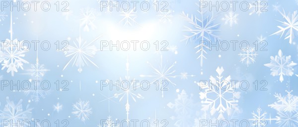 Abstract pattern of snowflakes in varying sizes and shapes in soft white and blue gradients, AI