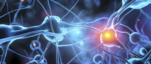 Visualization of neurons firing neurotransmitters in the synaptic gap, AI generated