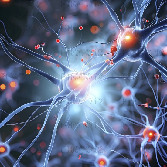 Visualization of neurons firing neurotransmitters in the synaptic gap, AI generated