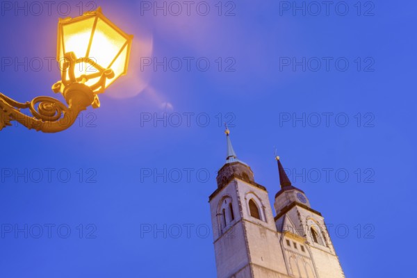 St John's Church at the blue hour, street lamp, Magdeburg, Saxony-Anhalt, Germany, Europe