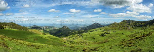 Scenic View of Dome-Shaped Volcanic Peaks (Sucs) in the Monts d'Ardeche Regional Natural Park.