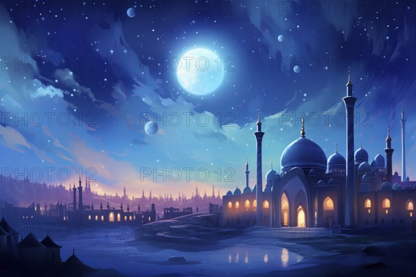 Ramadan with a mosque silhouetted against a starry night sky, illuminated by the full moon, AI
