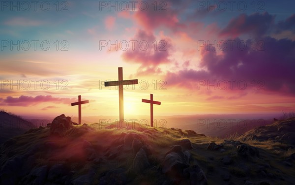 Easter concept three crosses on Golgotha Calvary hill against a dramatic sunset, AI generated