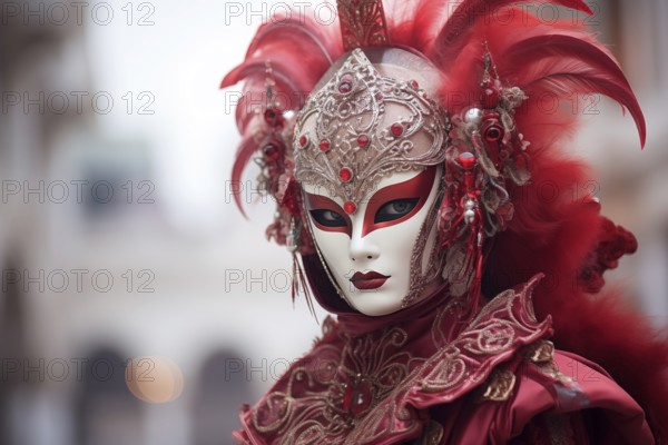 A person adorned in a richly detailed and colorful carnival costume, complete with an elaborate