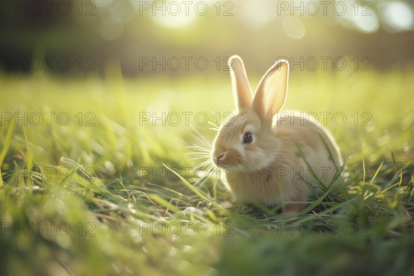 Bunny with large, attentive ears, basking in the golden hour sunlight amidst a lush green field, AI